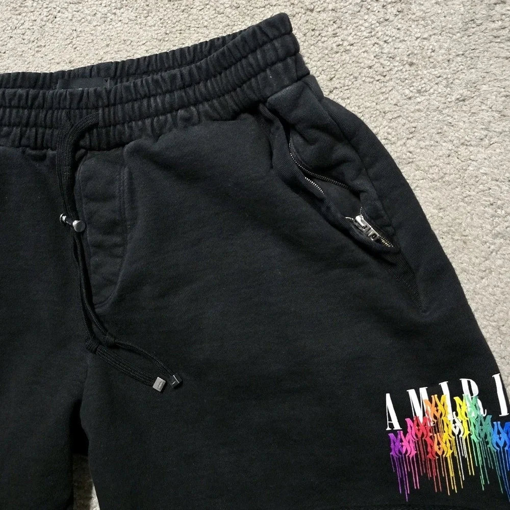 AMIRI Designer Black Multicolor MA Drip Sweat Shorts Mens Large 32 Zip Pockets